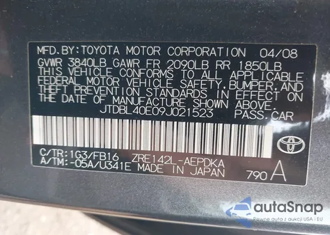2009 Toyota Corolla Le from USA, damaged, VIN JTDBL40E09J021523
